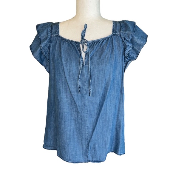 Current Air Blue Chambray Tie Neck Cutout Back Top - M - Picture 4 of 16